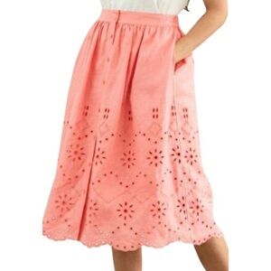 Rachel Parcell Coral Pink Eyelet Elastic Waist Midi Skirt Pockets S Small